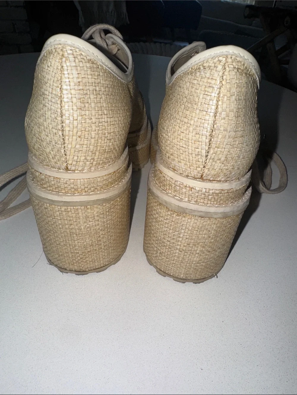 cult gaia Natural Woven Platform Lace-Up Heels